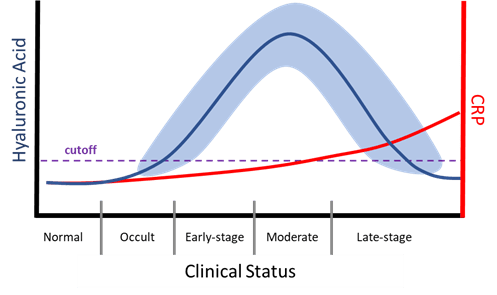 Graph of the rise and fall of hyaluronic acid levels based on clinical status of the dog: Normal, Occult, Early-stage, moderate, and late-stage.  Also indicated is the rise of C-Reactive Protein as clinical status devolves.