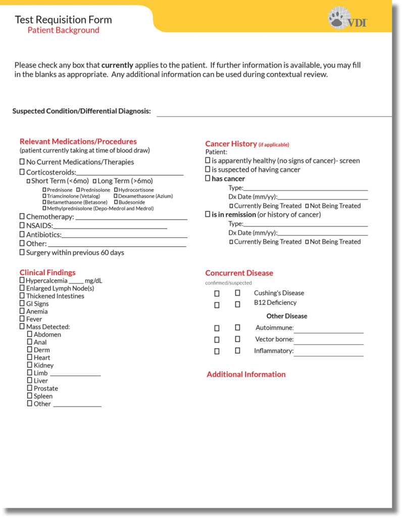 Reverse Side of the VDI test requisition form showing questions asking for context on the patient status.