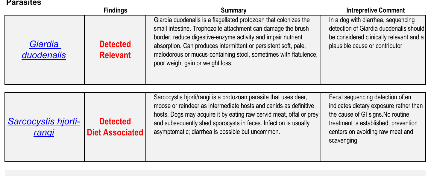 Example VDI Laboratory GI Microbiome parasite results